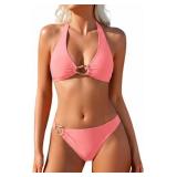 Medium Women's Halter V Neck Bikini Sets Ring Link