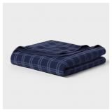 $70 King Brushed Cotton Blanket Navy Tonal Plaid -