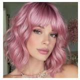 Pink Wig for Women Short Bob Wigs with Bangs Paste