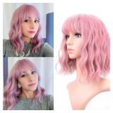 Pink Wavy Wig With Air Bangs Gift for Lady and Gir