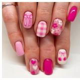 Pink Press on Nails Square Shape Fake Nails Flower