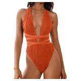 Medium Women's One Piece Swimsuit Deep V Neck Ribb