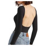 Medium Women Backless Long Sleeve Bodysuit Double