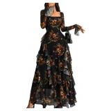 Large Women's Floral Dress Mesh Sheer Long Sleeve
