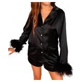 Small Women Bridal Feather Pajama Set Silk Satin L
