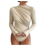 XS Women's Bodysuit Mock Neck Casual Ruched Long S