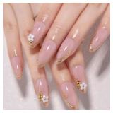 Gold Line French Pearl Flower Press on Nails, Medi