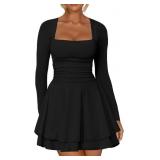 XL Women's Square Neck Ruffle Hem Mini Dress Ruche
