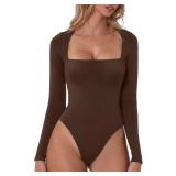 Medium Women's Sexy Square Neck Bodysuit Long Slee
