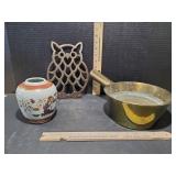 Brass Sauce Pan, Brass Owl Trivet And Decorative