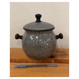 Antique Gray Enamelware Bean Pot W/Lid
