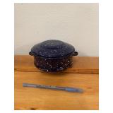 Sm Vintage Blue Splatterware Soup w/Lid
