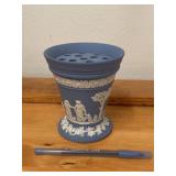 Vintage Blue Wedgwood Jasperware Vase W/Frog
