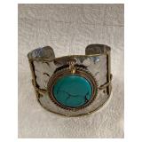 Vintage Silver & Brass Cuff Bracelet w/ Turquoise