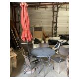 Round Metal Patio Table w/ Umbrella & 4 Arm Chairs