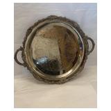 Round Ornate Silver Heavy Tabbed Handled Tray