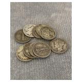 10 Silver Mercury Dimes Good Condition