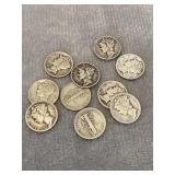 10 Silver Mercury Dimes Good Condition