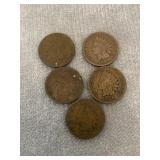 Lot of 5 Indian Head Pennies Various Dates