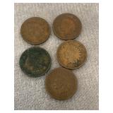Lot of 5 Indian Head Pennies Various Dates