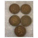 Lot of 5 Indian Head Pennies Various Dates