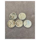 5 WWII Uncirculated 1943 Steel Pennies