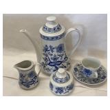 Vintage Blue Onion Teapot Cream Sugar Cup Saucer
