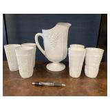 VTG Milk Glass Pitcher & 6 Glasses