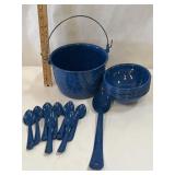 Vintage Blue Enamelware Soup Kettle Bowls Spoons