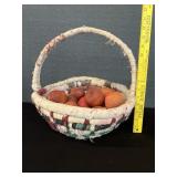 Vintage Fabric Woven Basket W/ Wood Apples