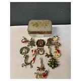 15 Vintage Christmas Brooches in Satin Glass Box