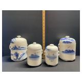 4 Piece Set Blue & White Antique Ceramic Canisters 4 Piece Set Blue & White Antique Ceramic Canisters