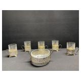 5 French Gold Gilt Ormolu Holders Etched Glasses 5 French Gold Gilt Ormolu Holders Etched Glasses
