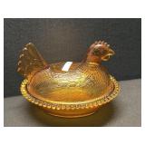 Vintage Amber Glass Hen on Nest