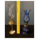 2 Miniature Oil Lamps Brass & Cobalt Blue