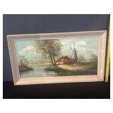Old Oil On Canvas Wood Frame Farm House Windmill