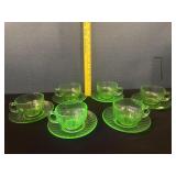 6 Hazel Atlas Vaseline Glass Cups & Saucers