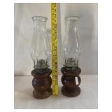 2 Vintage Wood Base Oil Lamps