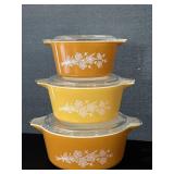 3 Vintage Butterfly Gold Pyrex Casseroles W/ Lids