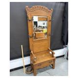 Antique Beveled Mirror Back Hall Tree W/ Drip Pan