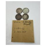 4 Silver Barber Dimes 1911 - 3 1912 S