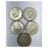 5 90% Silver 1964 Kennedy Half Dollars Good Cond
