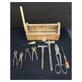 Antique Wood Tool Caddy & Tools