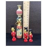 4 Vintage Hand Painted Wood Spindle Dolls