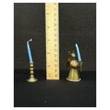2 Miniature Brass Candle Holders Angel & Taper