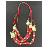 Vintage Red Beaded Necklace W/ Elephants