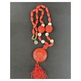 Vintage Red Cinnabar W/ Shou Beads Necklace