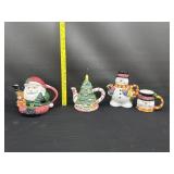 3 Holiday Teapots Snowman Xmas Tree & Santa