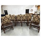 6 Ornate Carved Wooden Armchairs Leather Seat