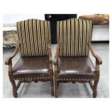 2 Ornate Carved Wooden Armchairs Leather Seat